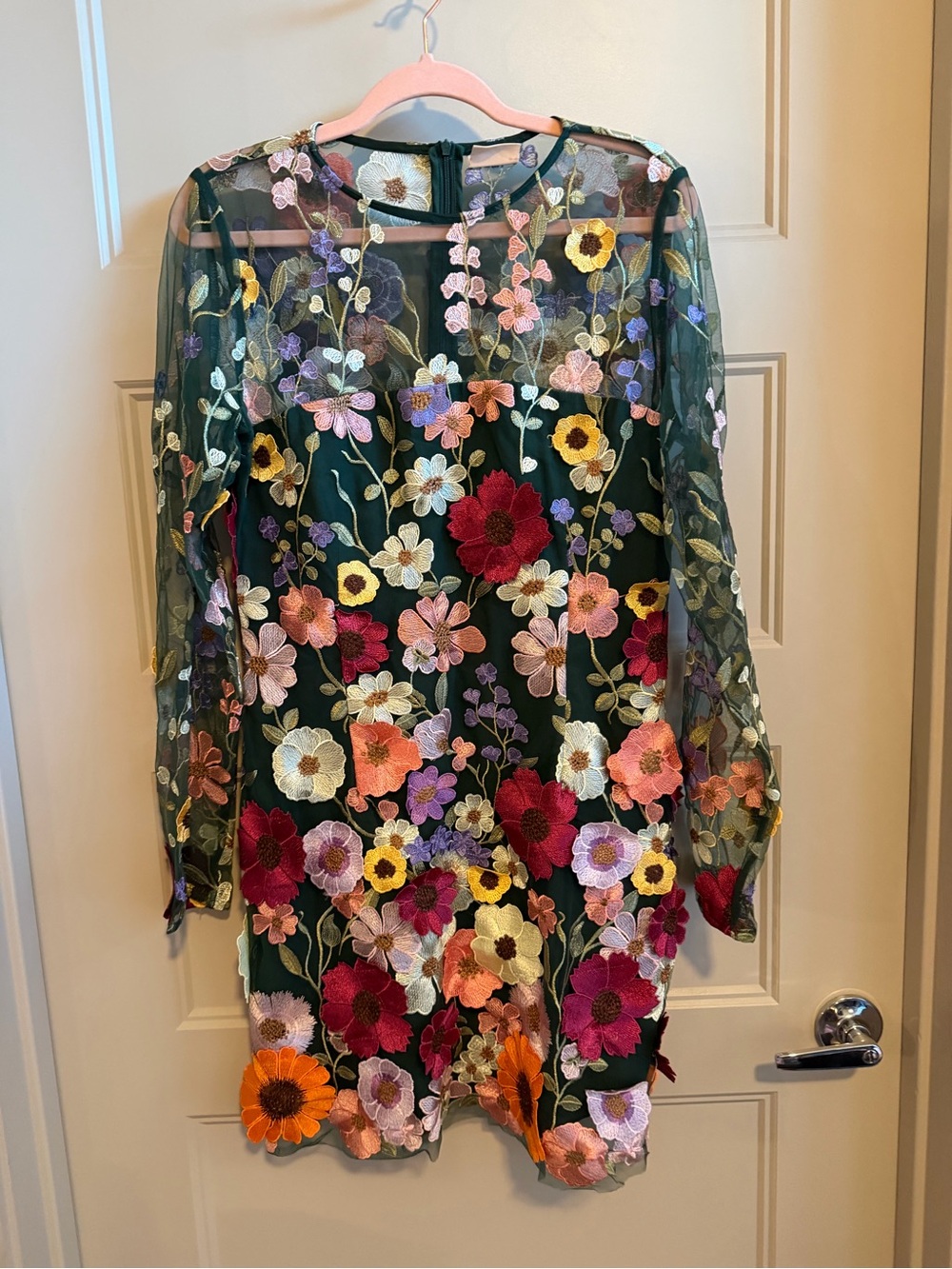 Embroidered Sage Green Long-Sleeve Floral Dress